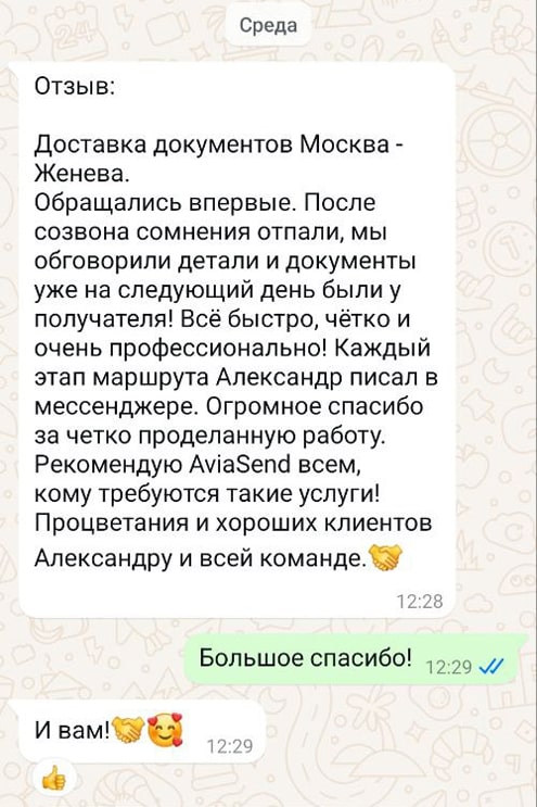 Обращались впервые. После созвона сомнения отпали, мы обговорили детали и документы уже на следующий день были у получателя! Всё быстро, чётко и очень профессионально! Каждый этап маршрута Александр писал в мессенджере. Огромное спасибо за четко проделанную работу. Рекомендую AviaSend всем, кому требуются такие услуги! Процветания и хороших клиентов Александру и всей команде